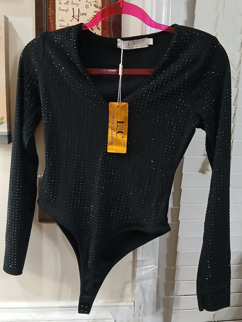 LIC Lizette Collection Women's Black Rhinestone Long Sleeve Stretch Bodysuit M